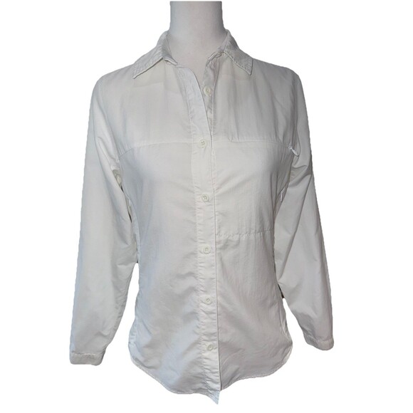 Classic White Nylon Button Up Hiking Shirt Outdoor Travel Roll Tab Sz S REI - Picture 2 of 16